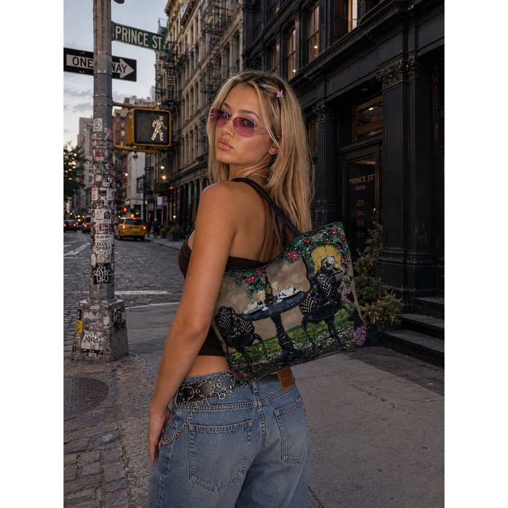 Y2K Beaded Cafe Terrace Canvas Parisian Bistro Scene Artistic Shoulder Bag‎